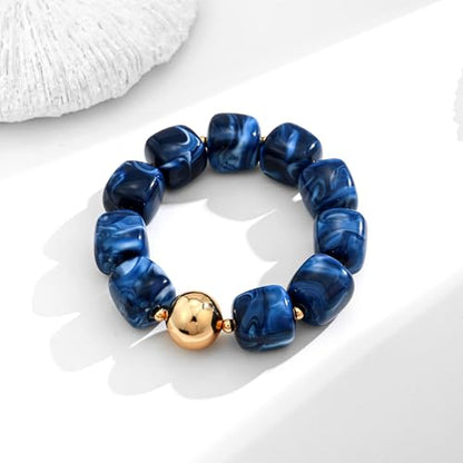 WOWORAMA Chunky Beaded Bracelets for Women Colorful Large Square Beads Bracelet Boho Acrylic Resin Stretch Bracelets Statement Chunky Bracelet Summer Jewelry - color: Square-Navy Blue