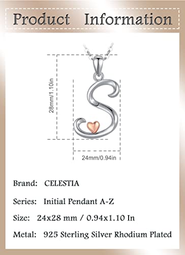 CELESTIA 925 Sterling Silver Initial Necklaces 26 Letter with Rose Gold Heart - 18 Inch Chain - color: S-Initial