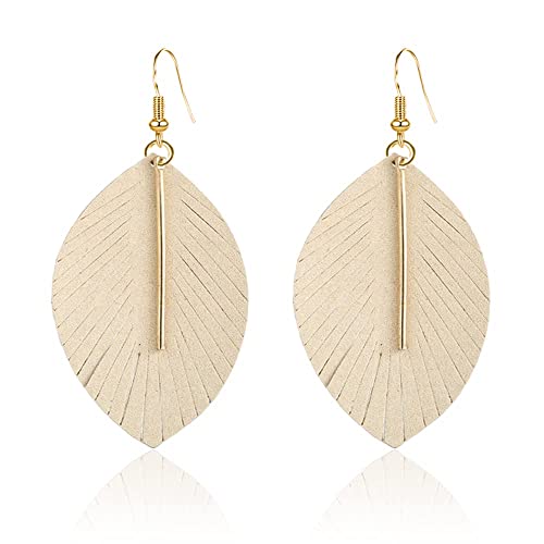 YUNXI Large Genuine Soft Leather Handmade Fringe Feather Lightweight Leaf with Simple Drop Metal Bar Tear Drop Dangle Color Earrings for Women - color: Beighe