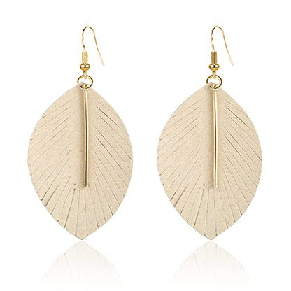 YUNXI Large Genuine Soft Leather Handmade Fringe Feather Lightweight Leaf with Simple Drop Metal Bar Tear Drop Dangle Color Earrings for Women - color: Beighe
