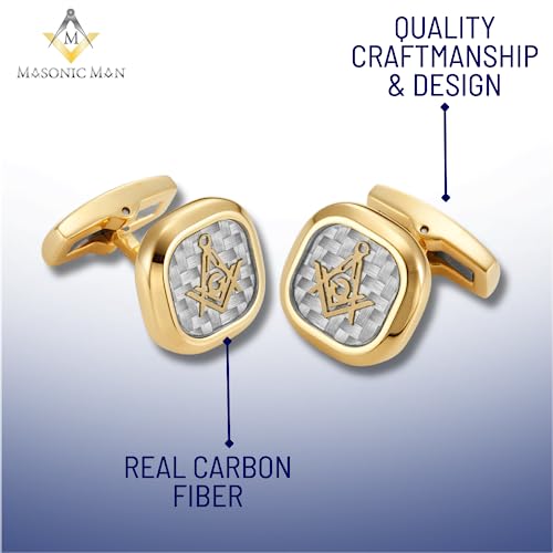 MasonicMan Men’s Two Tone Stainless Steel Cufflinks with Carbon Fiber and Masonic Logo and Gift Pouch
