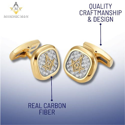MasonicMan Men’s Two Tone Stainless Steel Cufflinks with Carbon Fiber and Masonic Logo and Gift Pouch