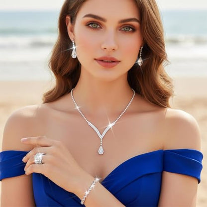 Bridal Wedding Jewelry Set Silver Rhinestone Necklace Earrings Sets Formal Costume Jewelry for Women and Brides - color: A-Blue