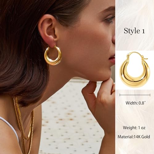Chunky Gold Hoop Earrings for Women 14k Gold Plated Thick Triple Earrings | Hypoallergenic Trendy Chunky Gold Hoops Earrings,Dainty Jewelry Gifts for Women - style: oval hoop earrings