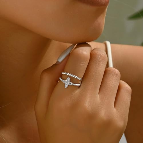 Adjustable Rings for Women 18K Gold Plated daisy Flower Butterfly Ball Cubic Zirconia Rings Dainty Open Stacking Ring - color: Flower CZ-White Gold