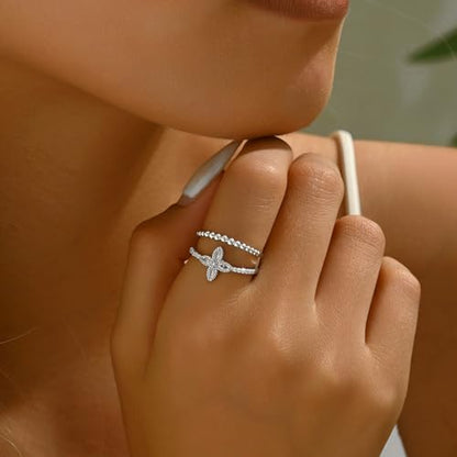 Adjustable Rings for Women 18K Gold Plated daisy Flower Butterfly Ball Cubic Zirconia Rings Dainty Open Stacking Ring - color: Flower CZ-White Gold