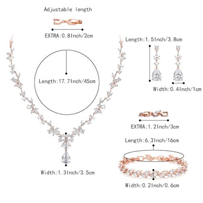 Gorgeous Wedding Jewelry Set for Women Bridal Cubic Zirconia Marquise Teardrop Leaf Cluster Y-Necklace Dangle Earrings Link Bracelet - color: Clear Rose-Gold-Plated-Brass