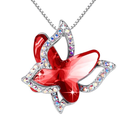 Butterfly Necklace, Birthstone Crystal, for Women, Silver Tone Pendant Jewelry, Anniversary Birthday Gift for Her, Wife & Mom, 18"+2" - color: 01-January & July Birthstone - Ruby Red Crystal