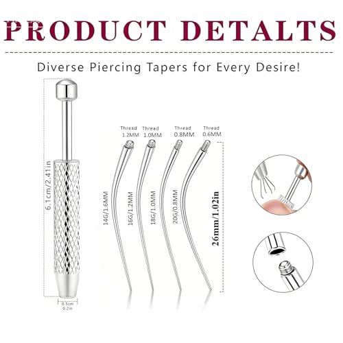Piercing Tapered Ball Grabbing Tool for Jewelry Replacement - 14G 16G 18G 20G Stainless Steel Flat Back Earring Applicator Tool Threaded, Internal Threaded, External Threaded Body Piercing Insertion Needle Kit for Ear/Nose/Navel/Nipple/Lip/Eyebrow/Tongue