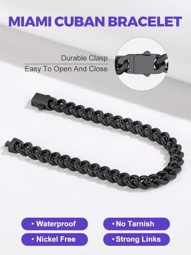 Richsteel Gold/Black/Silver Cuban Link Bracelet for Men,5/7/9/12MM Width | 316L Stainless Steel Chain Wrist Bracelet, Waterproof, No Tarnish, Hypoallergenic Hip Hop Jewelry, with Gift Box - color: 03-Black Plated 7mm Width