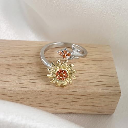 Hebelee Rotatable CZ Sunflower Spinner Ring for Women Fashion Crystal Rotating Flower Stackable Statement Open Wrap Finger Rings Comfort Fit Adjustable Fidget Anxiety Relieving Stress Jewelry - color: Red Flower