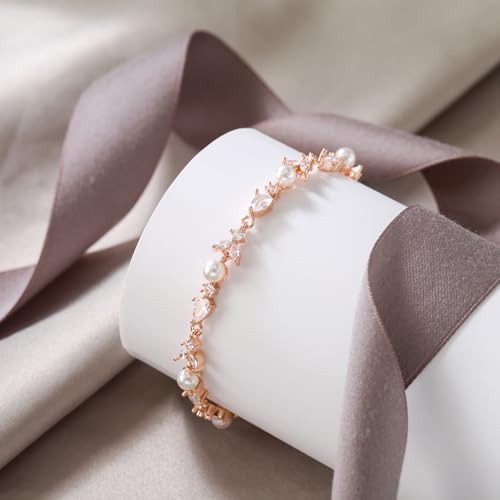 EVER FAITH Gorgeous Cubic Zirconia Pearl Wedding Link Bracelet for Bride | Marquise Teardrop Crystal Bridal Prom Jewelry, for Women Bridesmaids - style: Drop_Clear Rose Gold-Tone