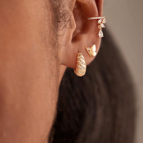 Women Gold Earrings Huggie Hoop Cubic Zirconia 14K Gold Plated Small Simple Hypoallergenic Everyday Jewelry - style: Chunky Croissant