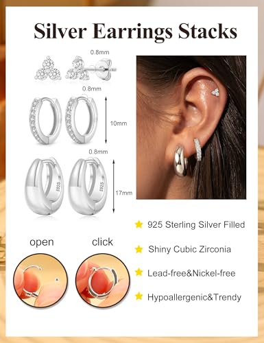 Small Gold Earring Stack Trendy 925 Sterling Silver Earrings for Women Hypoallergenic 14K Gold Plated Cubic Zirconia Stud Hoop Non Tarnish Huggie Hoop Earrings Set for Multiple Piercing Jewelry Gift - style: Silver: 2 Pairs of Hoops + 1 Pair of Studs