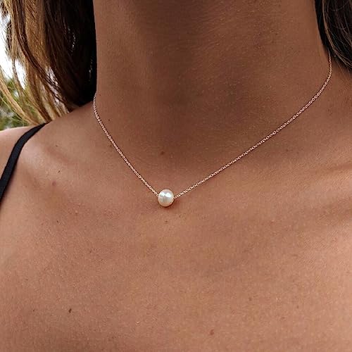 DIBOLA Dainty Pearl Necklaces for Women 14K Gold/Silver Plated Cute Single Pearl Necklace Elegant Small Tiny Pearl Choker Thin Chain Necklace Simple White Pearl Drop Y Long Necklace Freshwater Pearled Pendant Necklace Pearls Jewelry Gift - color: Single P