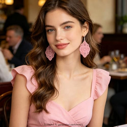 Boho Black Filigree Dangle Earrings for Women, Lightweight Hollow Lace Drop, Wood, 3.34" x 1.69", Bohemian Jewelry - color: Pink