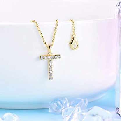 Tarsus Initial Cubic Zirconia Necklace for Women Teens | Jewelry Gifts for Women Adjustable Chain 18" + 2" - style: Gold-T-Diamond style