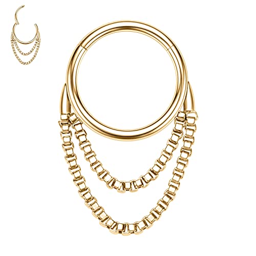AROWRO Chain Septum Rings 316L Surgical Steel Septum Clicker Daith Piercing Jewelry Dangle Nose Rings for Women 16G 8/10mm Conch Cartilage Hoop Seamless Hinged Septum Jewelry with Clear CZ/Opal - color: Style-4-Gold double chains, size: 16G-8mm