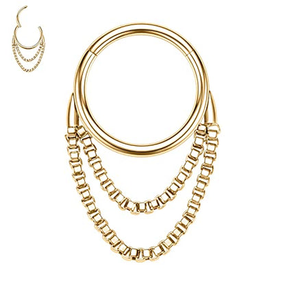 AROWRO Chain Septum Rings 316L Surgical Steel Septum Clicker Daith Piercing Jewelry Dangle Nose Rings for Women 16G 8/10mm Conch Cartilage Hoop Seamless Hinged Septum Jewelry with Clear CZ/Opal - color: Style-4-Gold double chains, size: 16G-8mm