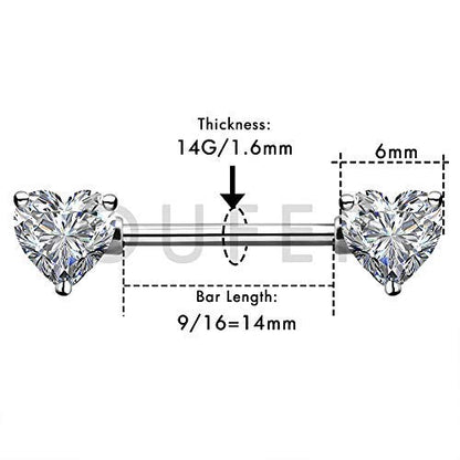 OUFER 2PCS 14G Surgical Steel Nipple Rings Barbell Heart CZ Nipple Rings Piercing for Women nippleshield Piercing Body Piercing - color: Silver