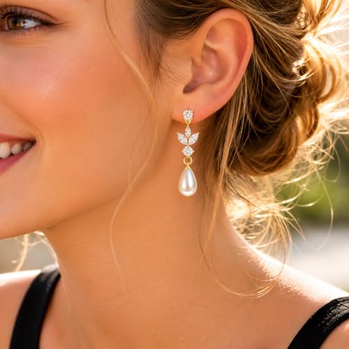 Pearl Dangle Clip On Earrings for Women - 14K Gold Silver Plated Cubic Zirconia Pearl Drop Earrings Trendy Long Non Pierced Bridal Earrings Fashion Jewelry Gifts - color: Gold