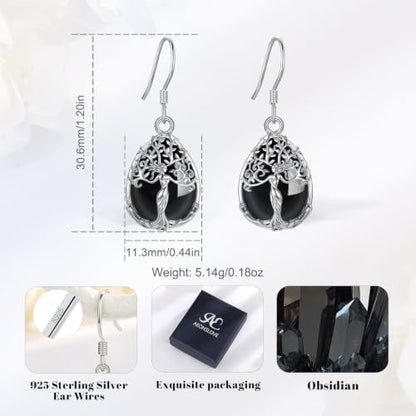 AEONSLOVE Tree of Life Crystal Earrings with Sterling Silver Ear Hooks, Dangle Drop Tree Earrings Gifts for Women - style: A01-Obsidian-Teardrop