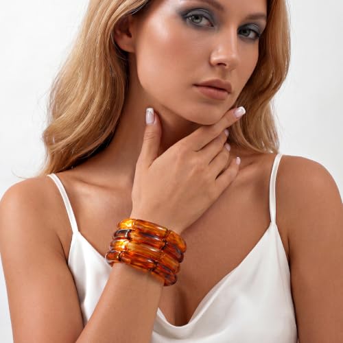 GOOJIDS Simple Beaded Gold Plated Bangles Bracelet Chunky Bamboo Tube Curved Stacking Clear Acrylic Colorful Beads Stretchable Gold Plated Bracelets Set For Women - color: S-Brown 4pc Set