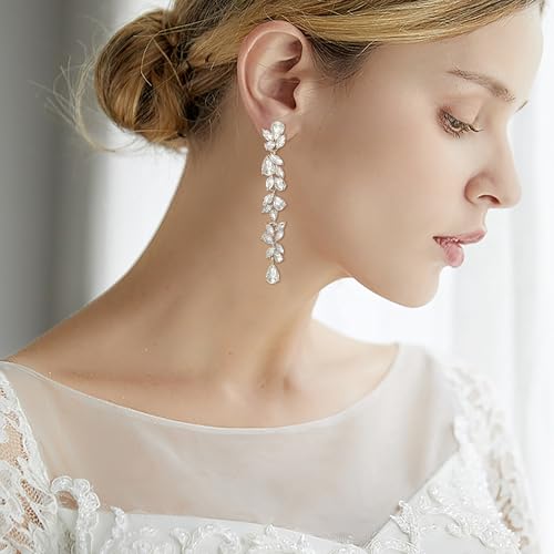 Crysdue Clip On Earrings for Women Rhinestone Crystal Teardrop Cluster Wedding Bridal Non Pierced Long Dangle Earring for Prom Party - color: Clear Gold-Tone
