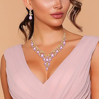 Wedding Bridal Necklace Earrings Jewelry Set for Women | Gorgeous Austrian Crystal Teardrop Flower Cluster for Bridal Bride Bridesmaid - color: 2Pcs-Pink Gold-Tone