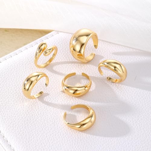 Chunky Rings for Women Non Tarnish 14k Stackable Dome Statement Rings Sets Vintage Dainty Knuckle Open Midi Finger Rings Jewelry Pack Gifts - style: 6PCS