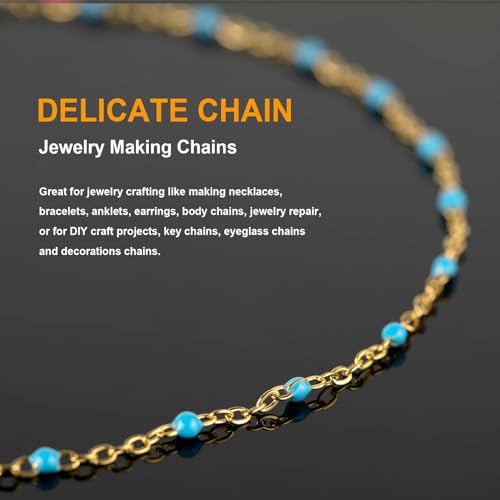 KYUNHOO 16.4 Feet Light Blue Beaded Chain Spool for Jewelry Making Supplies | Gold Plated Stainless Steel Jewelry Making Chains Bulk with Lobster Clasps Jump Rings for Jewelry Crafts DIY - color: Gold-Blue-2mm