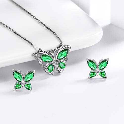 Aurora Tears Butterfly Jewelry,Women 925 Sterling Silver Butterflies Birthstone Pendant Necklace/Earrings/Rings Wedding Gift - color: E.May-set 2