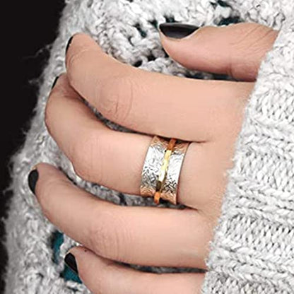 JUDE Stainless Steel Floral Pattern Chunky Size Rotating Spinner Band Ring - color: Silver Gold