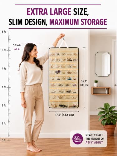 Hanging Jewelry Organizer 34.7 x 17.2 inches XL Size with Clear Pockets & Hooks – Double-Sided Necklace, Earrings & Rings Storage Holder – Space-Saving Closet Organizer for Women