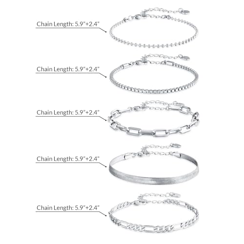 Gold Bracelets Set for Women, Dainty Stackable Layered Bracelet | 14K Gold Plated Adjustable Waterproof Non-Tarnish Paperclip & Curb Link Chain Jewelry Sets Gifts - color: White Gold