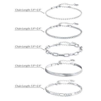 Gold Bracelets Set for Women, Dainty Stackable Layered Bracelet | 14K Gold Plated Adjustable Waterproof Non-Tarnish Paperclip & Curb Link Chain Jewelry Sets Gifts - color: White Gold