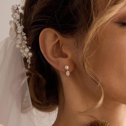Pearl Earrings for Women:Gold Wedding Dangle Drop Earring Pearl Jewelry | 14K Gold Plated Pearl Drop Earrings for Women,Dainty Wedding Bride Earring Studs,Gold Dangle Drop Earring,Waterproof Jewelry - size: 1 pcs-7