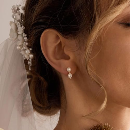 Pearl Earrings for Women:Gold Wedding Dangle Drop Earring Pearl Jewelry | 14K Gold Plated Pearl Drop Earrings for Women,Dainty Wedding Bride Earring Studs,Gold Dangle Drop Earring,Waterproof Jewelry - size: 1 pcs-7