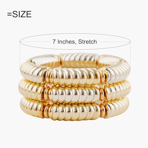LALAPPLE Gold Plated Beaded Acrylic Bamboo Tube Bangle Bracelets for Women, Colorful Chunky Curved Tube With Gold Plated Pieces Beads Stretch Bracelet Friendship Summer Beach Jewelry - color: B-gold 3pcs(Chunky set)