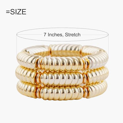 LALAPPLE Gold Plated Beaded Acrylic Bamboo Tube Bangle Bracelets for Women, Colorful Chunky Curved Tube With Gold Plated Pieces Beads Stretch Bracelet Friendship Summer Beach Jewelry - color: B-gold 3pcs(Chunky set)