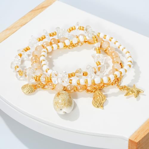 LALAPPLE Shell Bracelet Boho Beaded Stretch Bracelets for Women Seashell Strand Bracelets Starfish Charm Jewelry Summer Beach Jewelry Stackable Crystal Gold Plated Beads Bracelet for Women - style: T-Style3