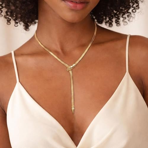 Long Necklaces for Women, Dainty Gold Drop Necklace 14k Gold Plated Y Shaped Lariat Necklace Simple Gold Necklaces for Women Trendy Chunky Long Necklace Formal Wedding Prom Necklace Jewelry - color: necklace-2-Gold