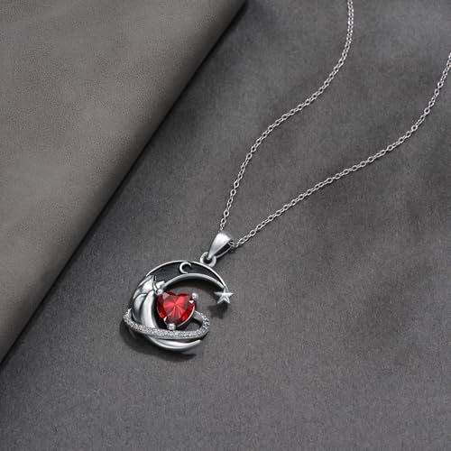 I Love You to the Moon and Back Necklace 925 Sterling Silver Black Crescent Moon Star Pendant with Heart Birthstone Necklace Anniversary Gothic Jewelry Gifts for Women Wife Lovers - color: 01-Jan-Garnet