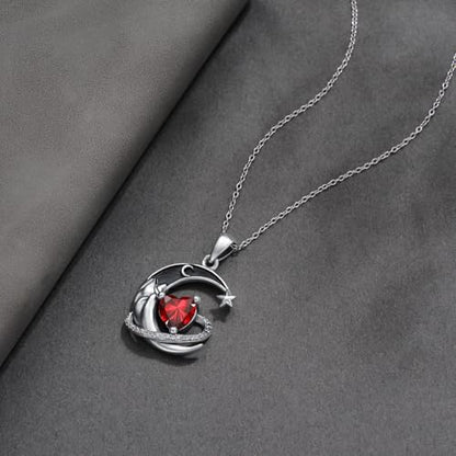 I Love You to the Moon and Back Necklace 925 Sterling Silver Black Crescent Moon Star Pendant with Heart Birthstone Necklace Anniversary Gothic Jewelry Gifts for Women Wife Lovers - color: 01-Jan-Garnet