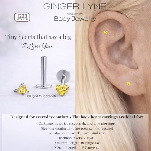 Titanium Heart CZ Labret Stud Earrings for Piercings by Ginger Lyne 6Pc Set G23 Screw Front Flat Back Body Jewelry 2 pair post 6mm, 8mm Cartilage, Helix, Tragus, Lip, Conch, Lobe - color: 3mm-Yellow