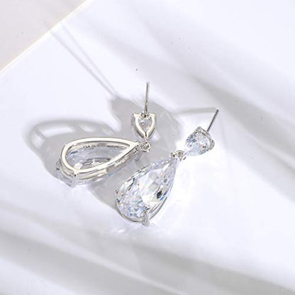 Wedding Jewelry Set for Bridesmaids - Sterling Silver Teardrop CZ Crystal Cubic Zirconia Rhinestone Diamond Bridal Necklace Earrings Set for Bride Mother of Bride Party Prom Birthstone Costume Jewelry - color: Apr-Diamond