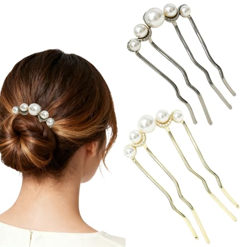 Pearl U-Shaped Hair Pins for Buns, Hair Comb Clips Accessories for Women | 2Pcs Vintage Metal Twist-Style French Hair Pins for Thick Hair Side Combs for Women Black Gold Hair Comb Fork