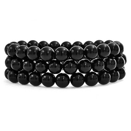 Bling Jewelry Genuine 8MM Gemstone Ball Bead Stretch Bracelet Stackable (3 Set) - color: Black Onyx