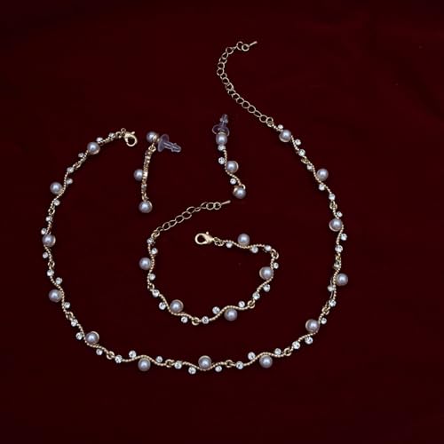 Bridal Pearl Choker Necklace Earrings Bracelet Wedding Crystal Jewelry Set for Women Brides Bridesmaid Prom - color: White-Gold Plated