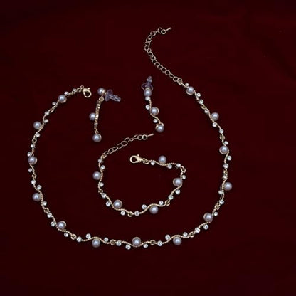 Bridal Pearl Choker Necklace Earrings Bracelet Wedding Crystal Jewelry Set for Women Brides Bridesmaid Prom - color: White-Gold Plated